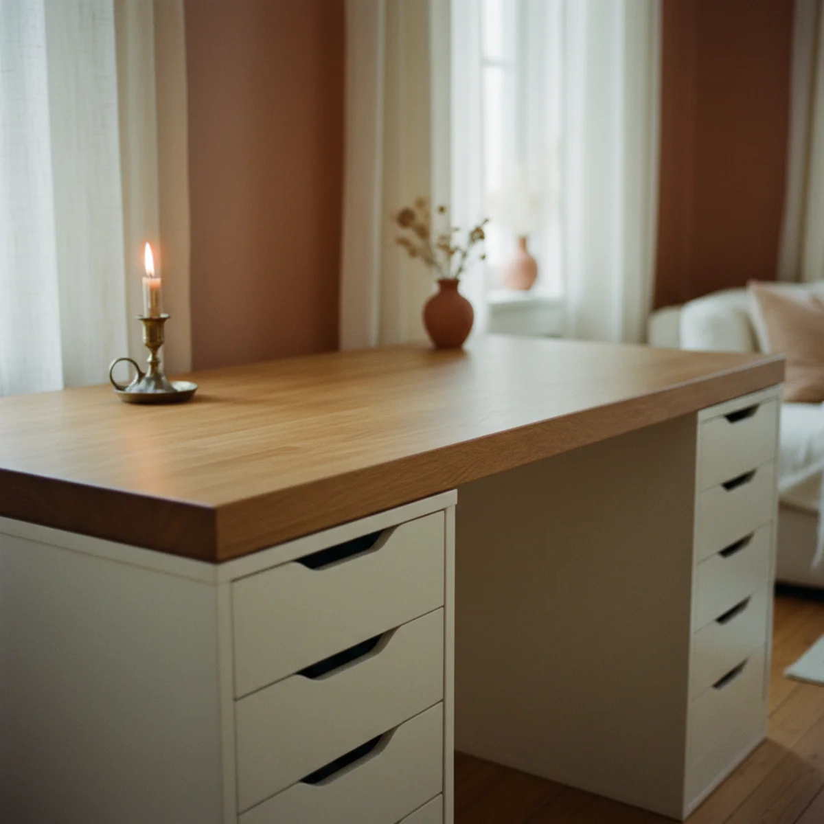IKEA hacks cozy home — IKEA BESTÅ cabinet with custom-cut solid walnut top finished with Danish oil in a warm home — Home Decor Aura