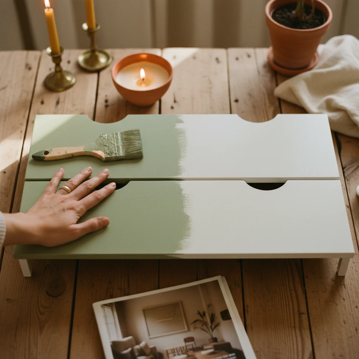IKEA hacks cozy home — IKEA BESTÅ cabinet painted in Farrow & Ball Mizzle muted sage with aged brass pulls in a warm home — Home Decor Aura