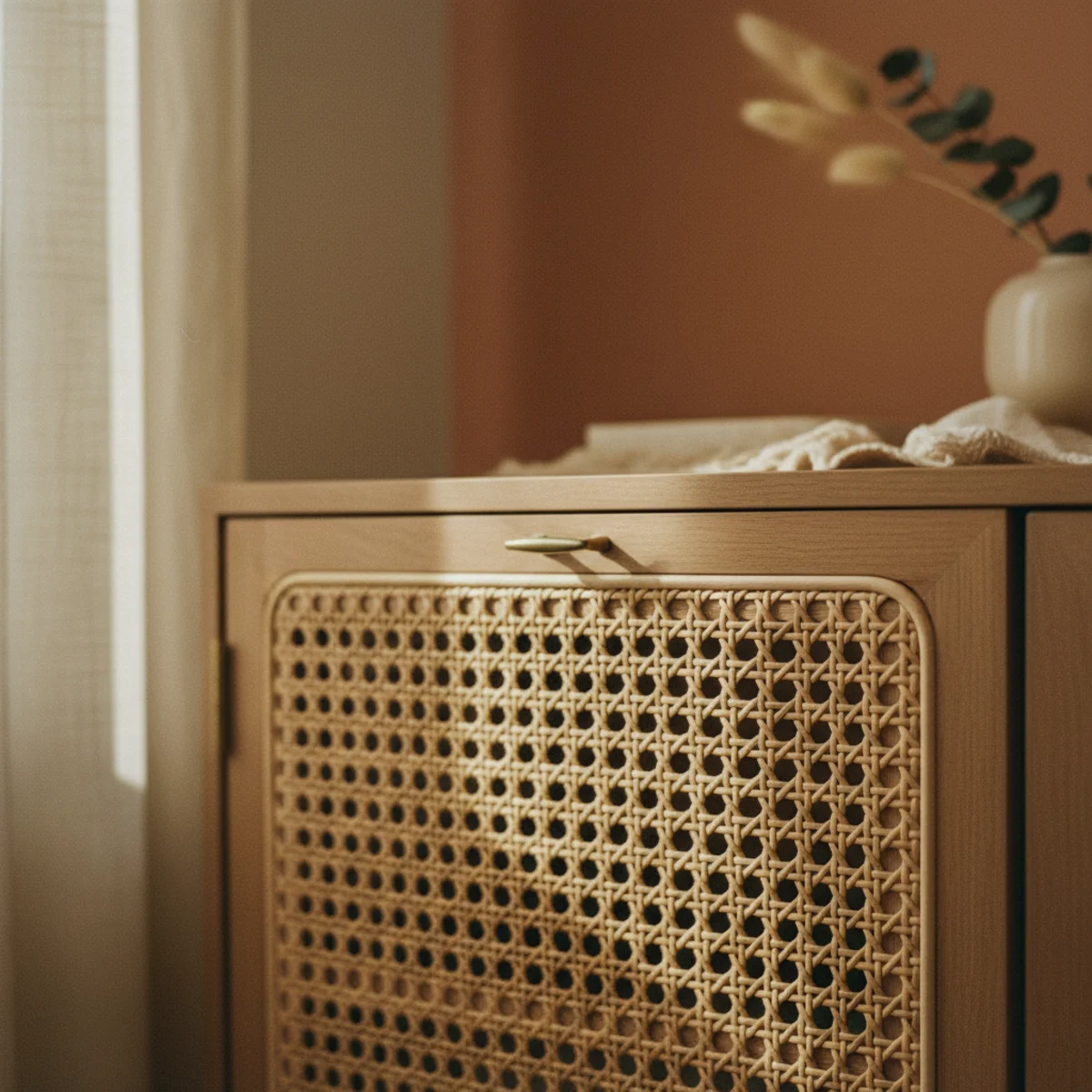 IKEA hacks cozy home — IKEA BESTÅ cabinet with cane webbing panel insert in the door front replacing original laminate in a warm home — Home Decor Aura