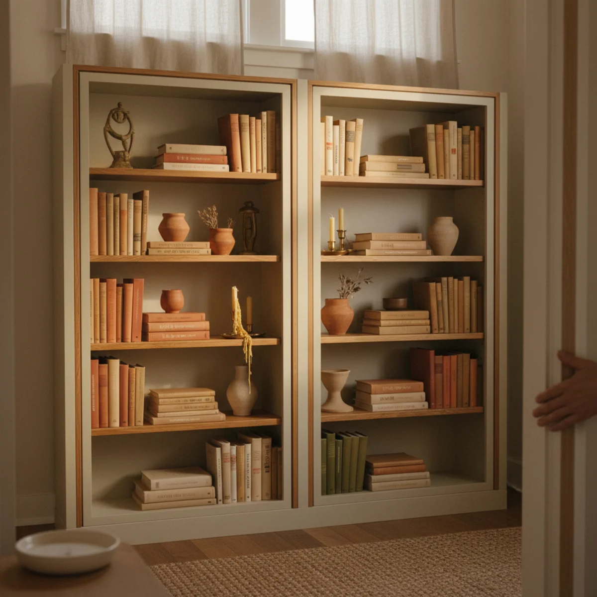 IKEA hacks cozy home — three IKEA BESTÅ cabinets installed side-by-side with continuous wood top, trim, and unified Mizzle paint creating apparent built-in cabinetry — Home Decor Aura