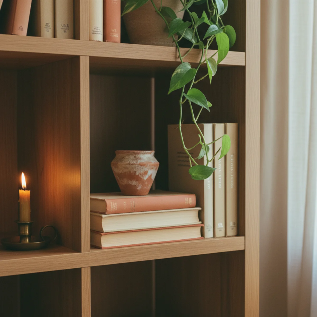 IKEA hacks cozy home — IKEA BILLY bookshelf styled with stripped-jacket hardcovers, ceramic objects, and dried branches following warm-home shelf styling rules — Home Decor Aura
