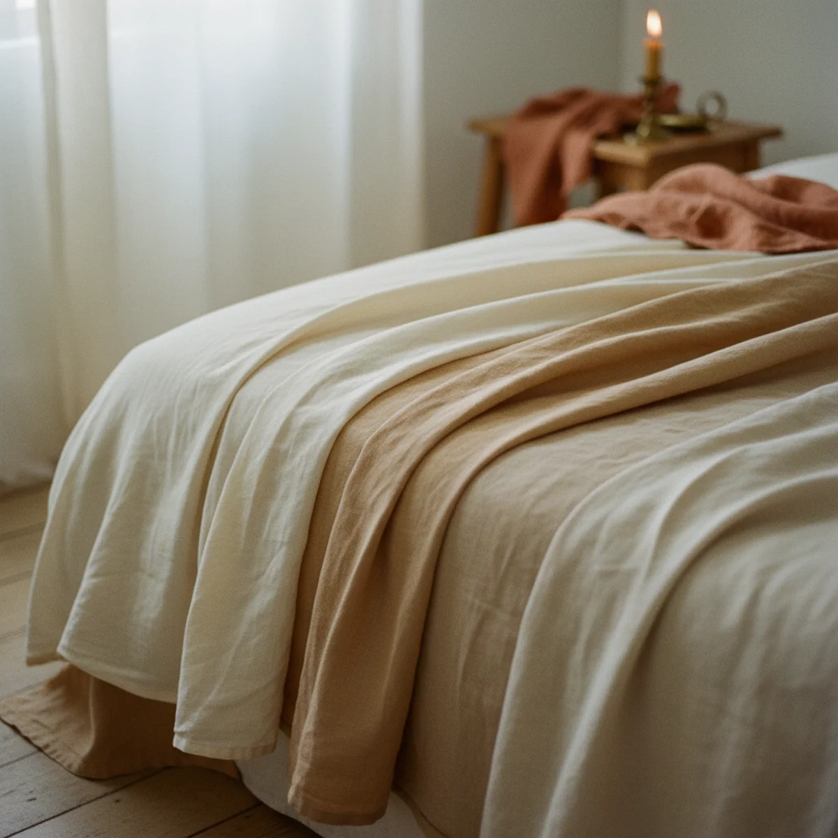 Master bedroom ideas — stonewashed linen bedding in soft oat tones layered on a wooden bed frame with naturally rumpled texture — Home Decor Aura
