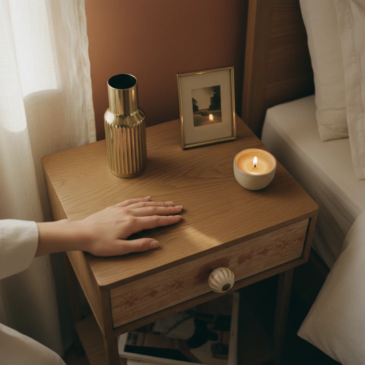 Master bedroom ideas — aged brass drawer pulls, brass curtain rod brackets, and brass-base bedside lamp all matched in a warm master bedroom — Home Decor Aura