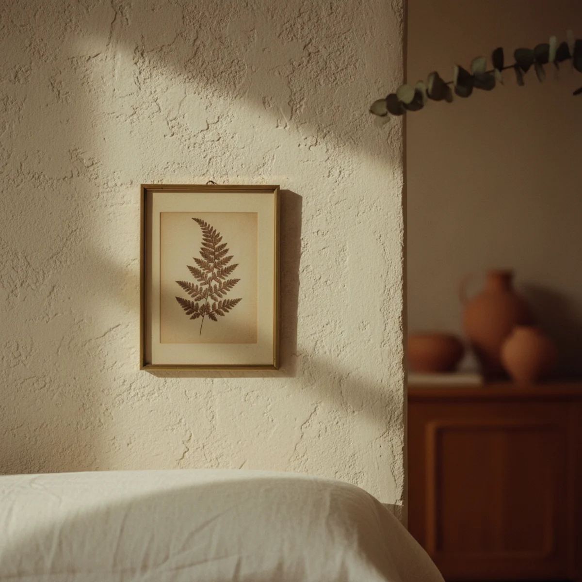 Master bedroom ideas — muted landscape art in warm oak frame hung 8 inches above an upholstered headboard in a warm master bedroom — Home Decor Aura