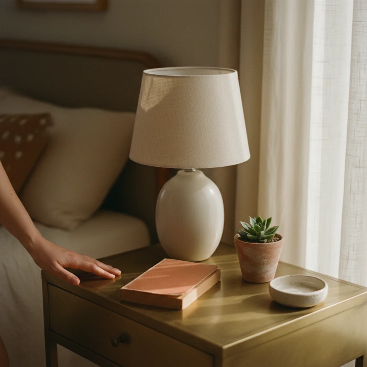 Master bedroom ideas — tech-free master bedroom with no visible TV, no charging cables, and battery-powered analog alarm clock on a wooden bedside table — Home Decor Aura