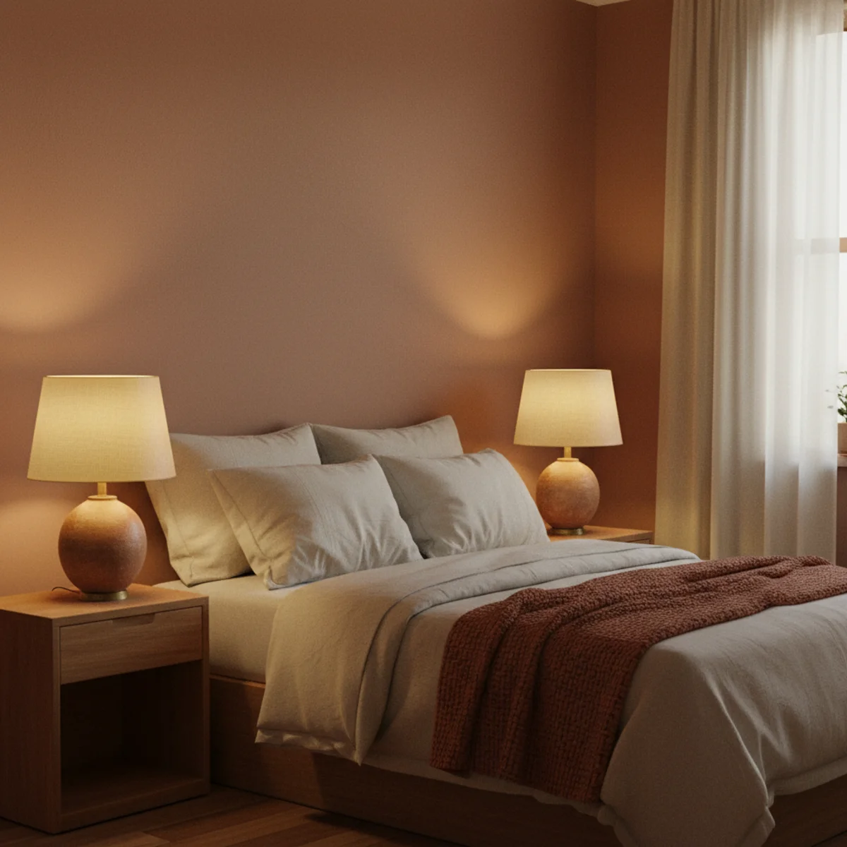 Master bedroom ideas — matched pair of 24-inch ceramic bedside lamps with linen drum shades flanking a linen-dressed bed both glowing warm 2700K — Home Decor Aura