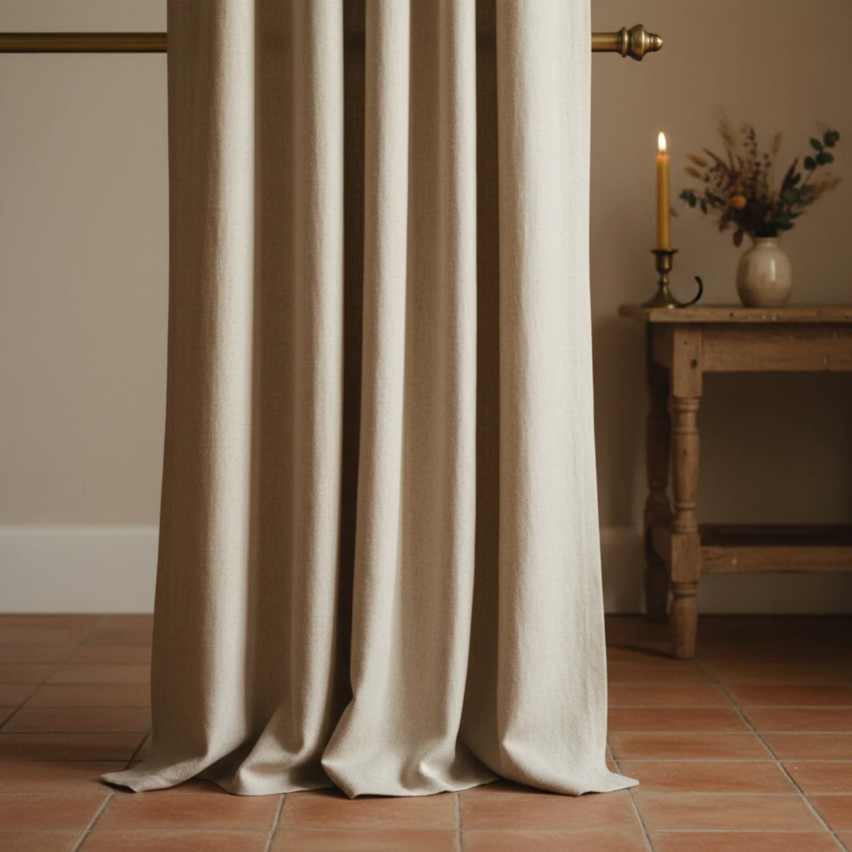 Master bedroom ideas — unlined linen curtain panels hung from rod mounted 4 inches below ceiling reaching the floor with slight puddle in a warm master bedroom — Home Decor Aura