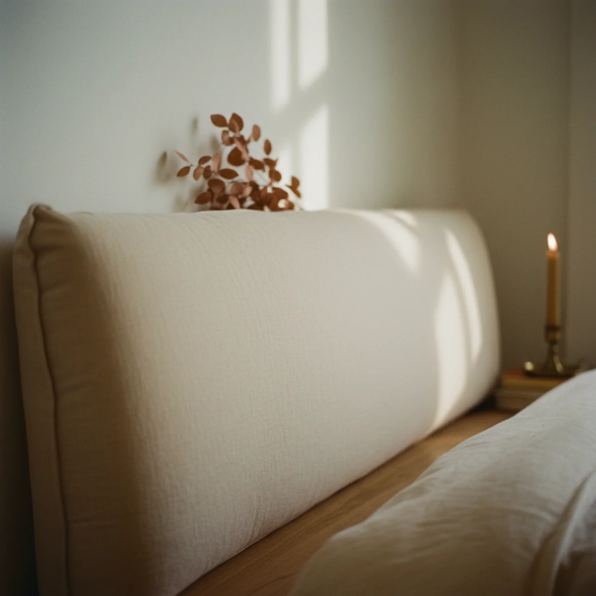 Master bedroom ideas — upholstered linen headboard in oat tone with horizontal channel tufting framing a linen-dressed master bed — Home Decor Aura