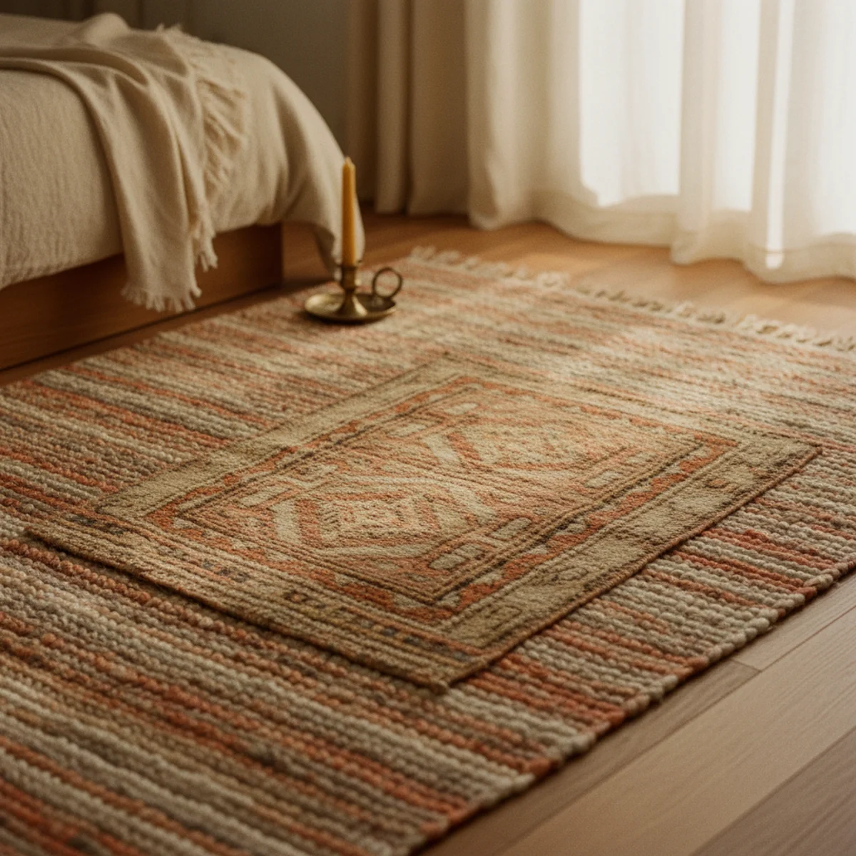 Master bedroom ideas — large 9x12 wool rug extending beyond the bed sides with smaller bedside runners layered for warmth in a master bedroom — Home Decor Aura