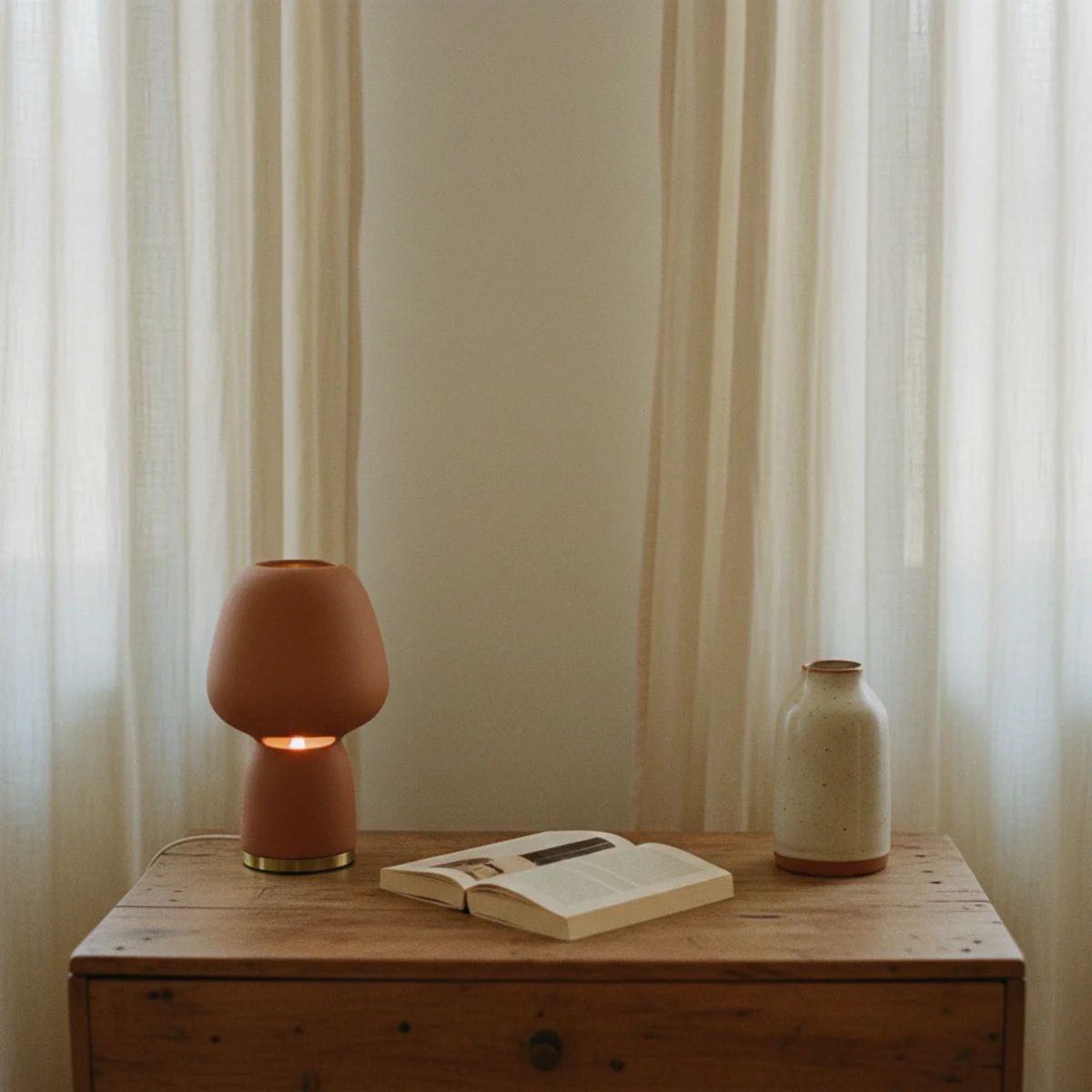 Master bedroom ideas — clear dresser top styled with single vase of dried branches, small framed photograph, and stack of two books in a warm master bedroom — Home Decor Aura