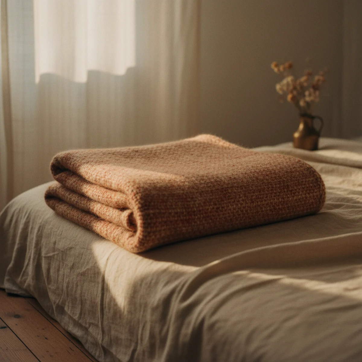 Master bedroom ideas — wool throw in oat tone draped diagonally across the foot of a linen-dressed master bed with one corner cascading toward the floor — Home Decor Aura