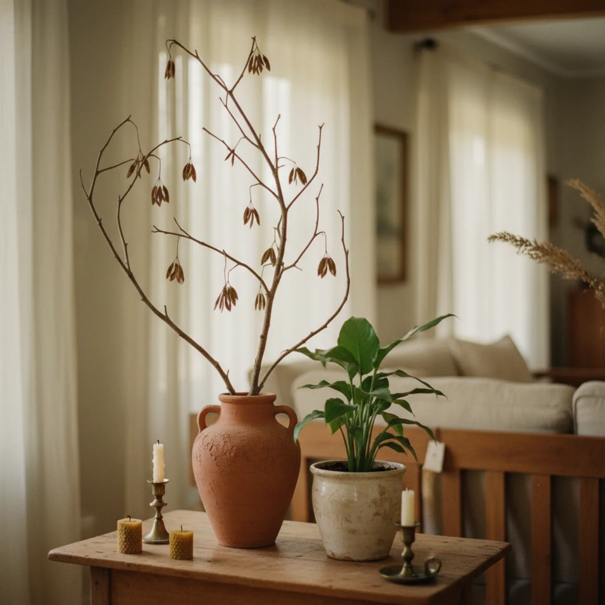 Modern farmhouse decor — modern farmhouse living room with tall floor plant, large vase of olive branches, windowsill herbs visible, and dried wreath on the wall — Home Decor Aura