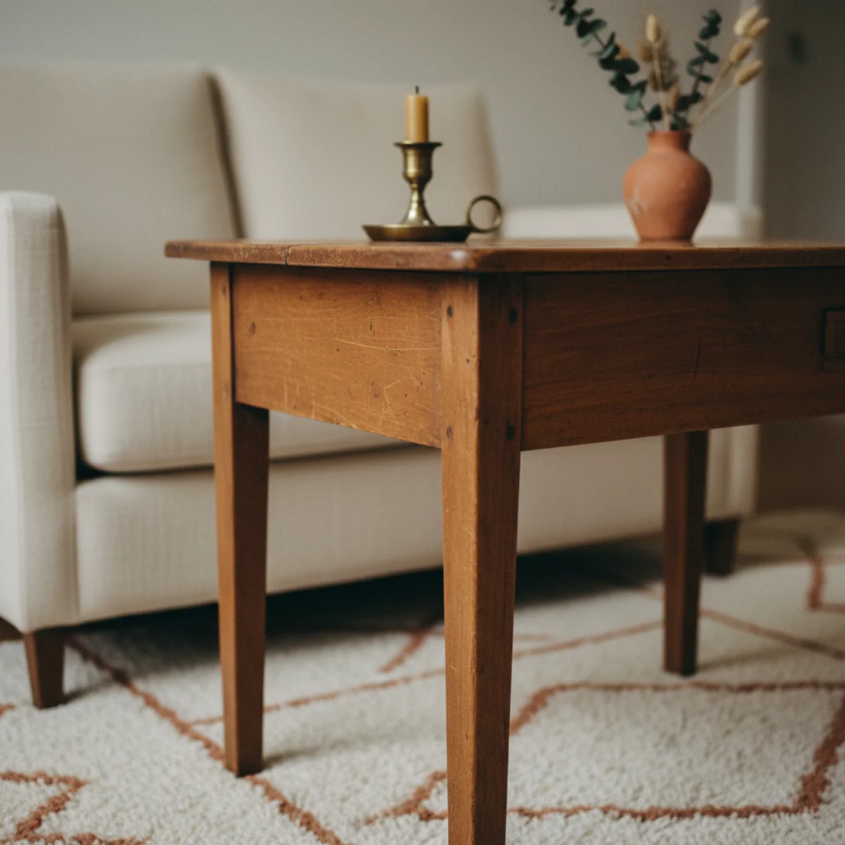 Modern farmhouse decor — collection of genuine vintage finds including cast iron, hand-thrown pottery, vintage wooden bowls, and brass candlesticks arranged in a warm modern farmhouse living room — Home Decor Aura