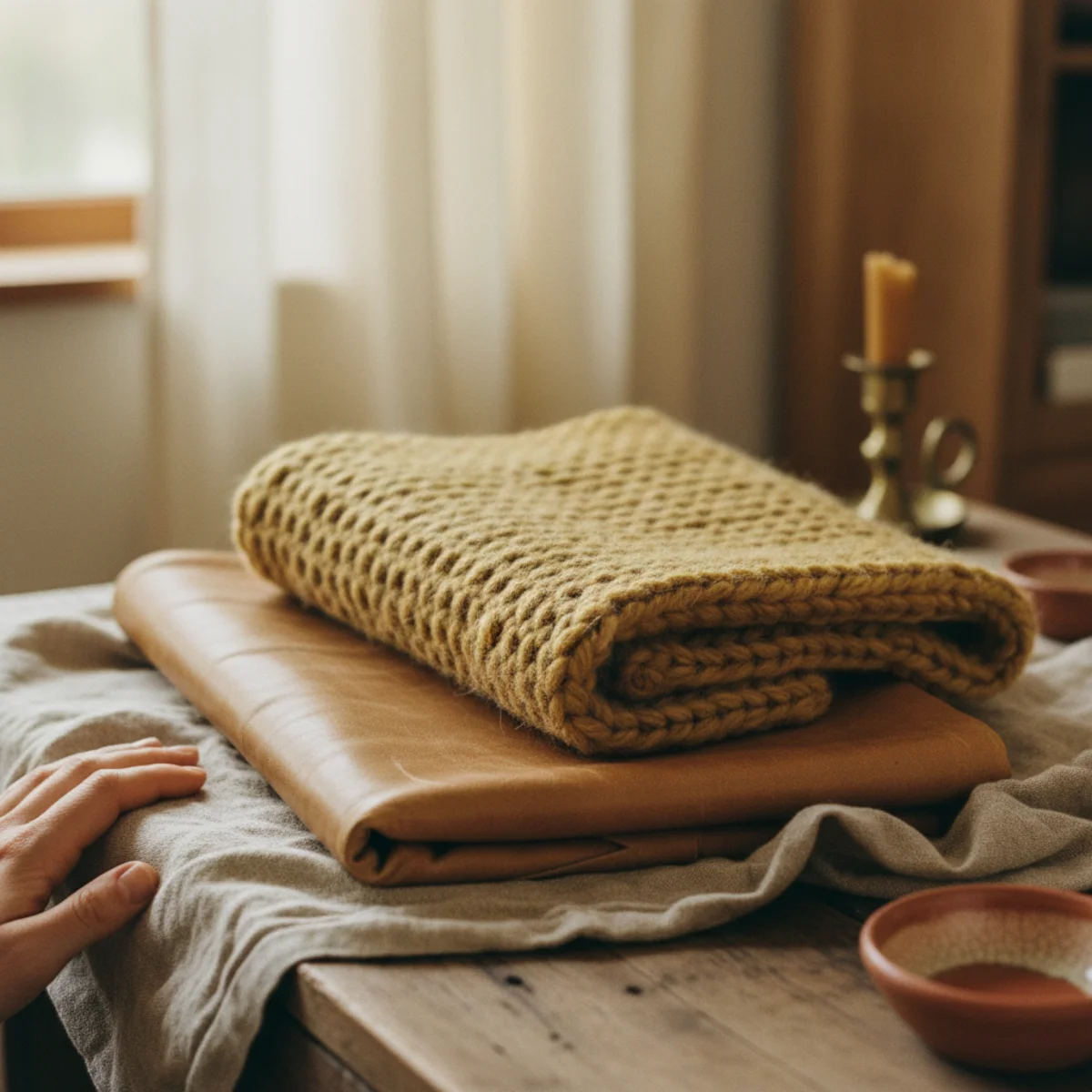 Modern farmhouse decor — modern farmhouse living room with linen sofa, wool throw, leather pouf, woven seagrass basket, hand-thrown ceramics, and cast iron all visible — Home Decor Aura