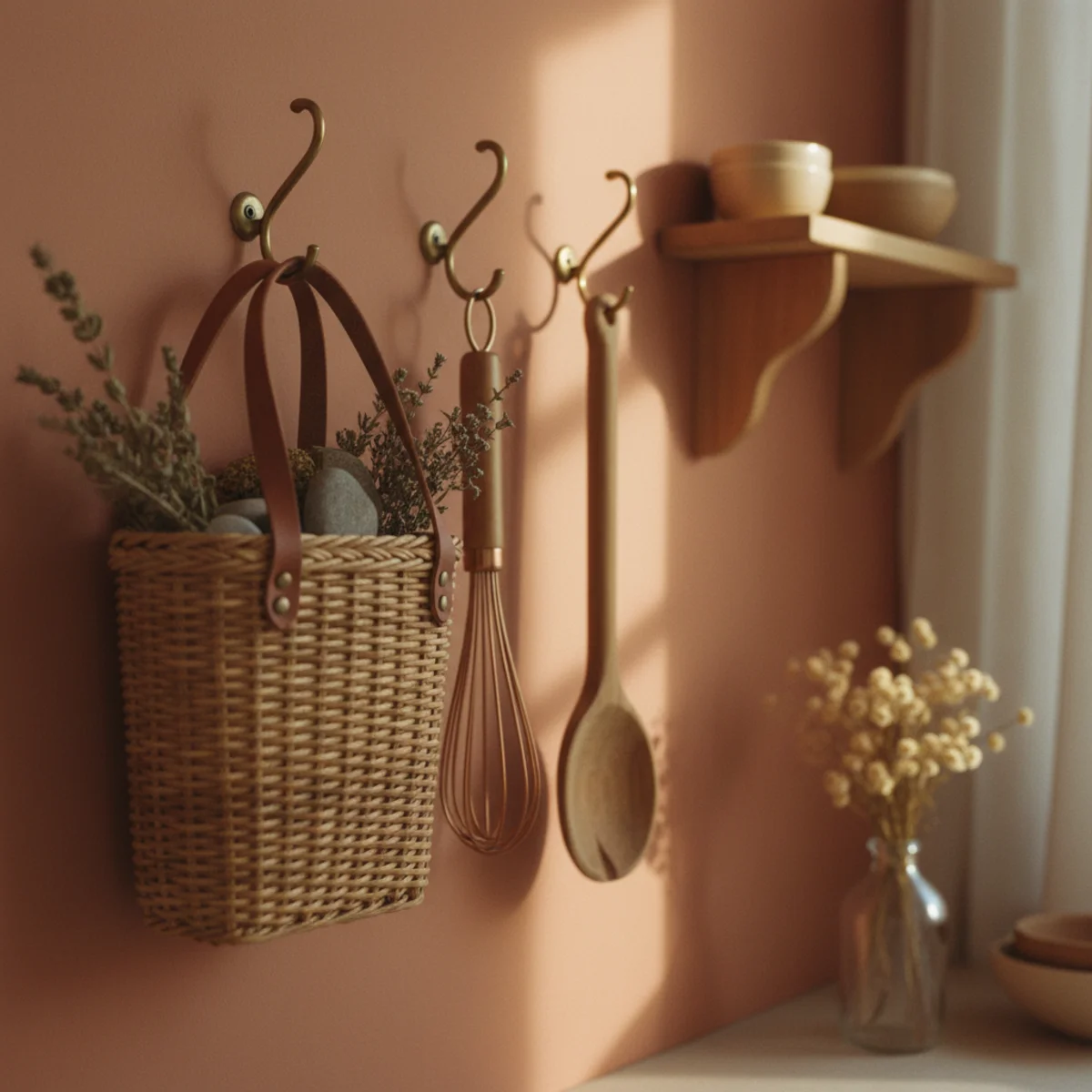 Modern farmhouse decor — modern farmhouse kitchen with cast iron skillets hanging from pot rack, wooden cutting boards leaning against backsplash, and copper pots displayed but actually used in regular cooking — Home Decor Aura