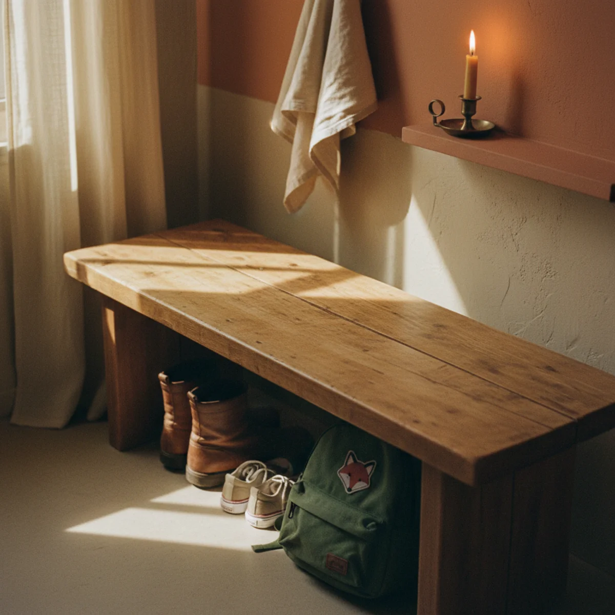 Mudroom ideas — solid wood bench 48 inches long with two woven baskets underneath positioned against mudroom wall for sitting to remove boots — Home Decor Aura