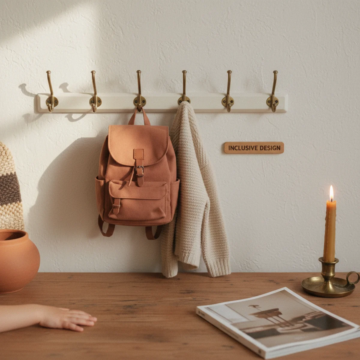 Mudroom ideas — separate row of brass hooks at 38 inches above floor for kids with small photo labels showing whose hook is whose in a warm mudroom — Home Decor Aura