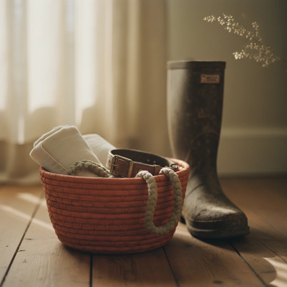 Mudroom ideas — dedicated pet gear zone with leashes hung on hooks, basket of dog outdoor gear, and treat shelf in a warm mudroom — Home Decor Aura