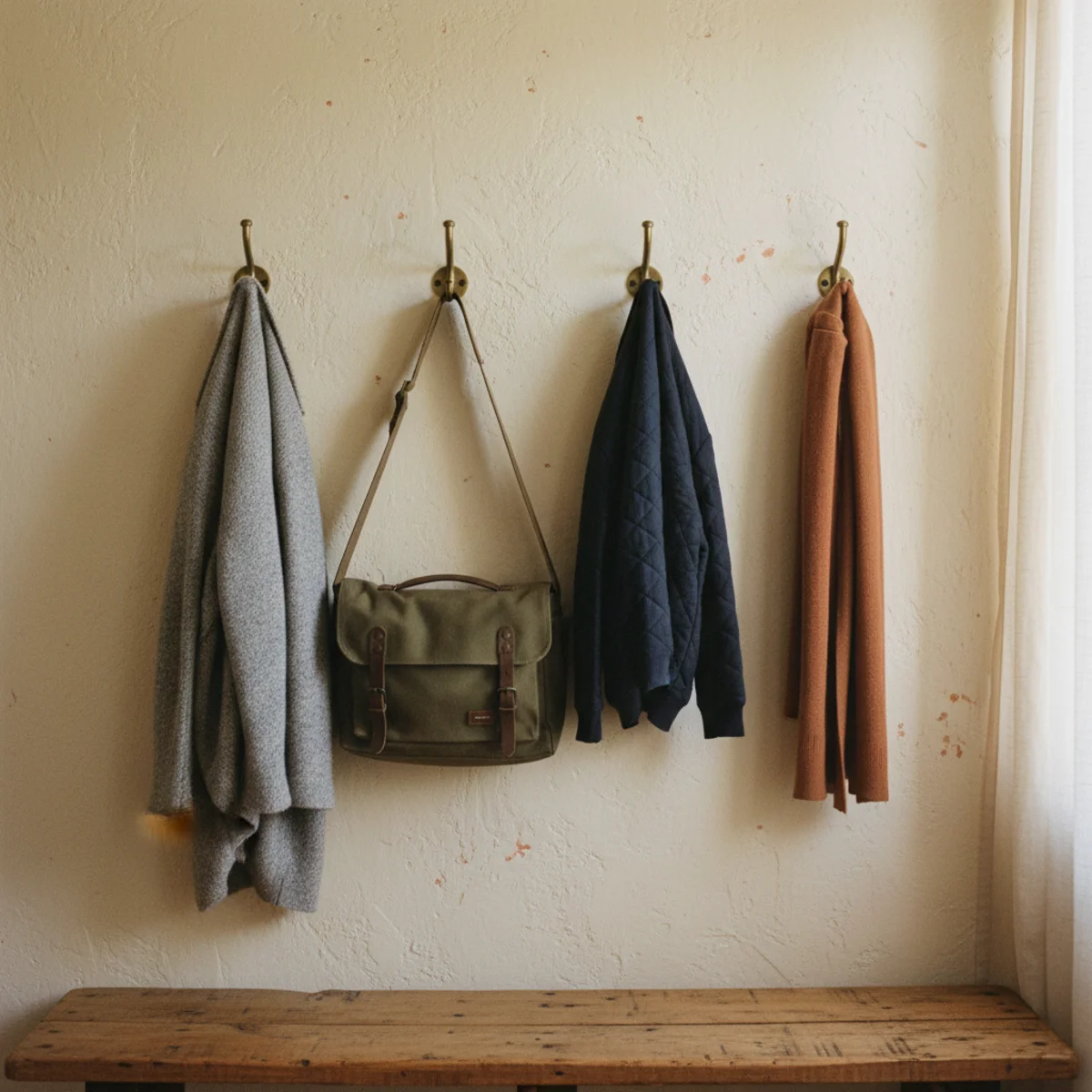 Mudroom ideas — row of personalized brass hooks at adult and kid heights with small wooden name tags above each hook in a warm mudroom — Home Decor Aura
