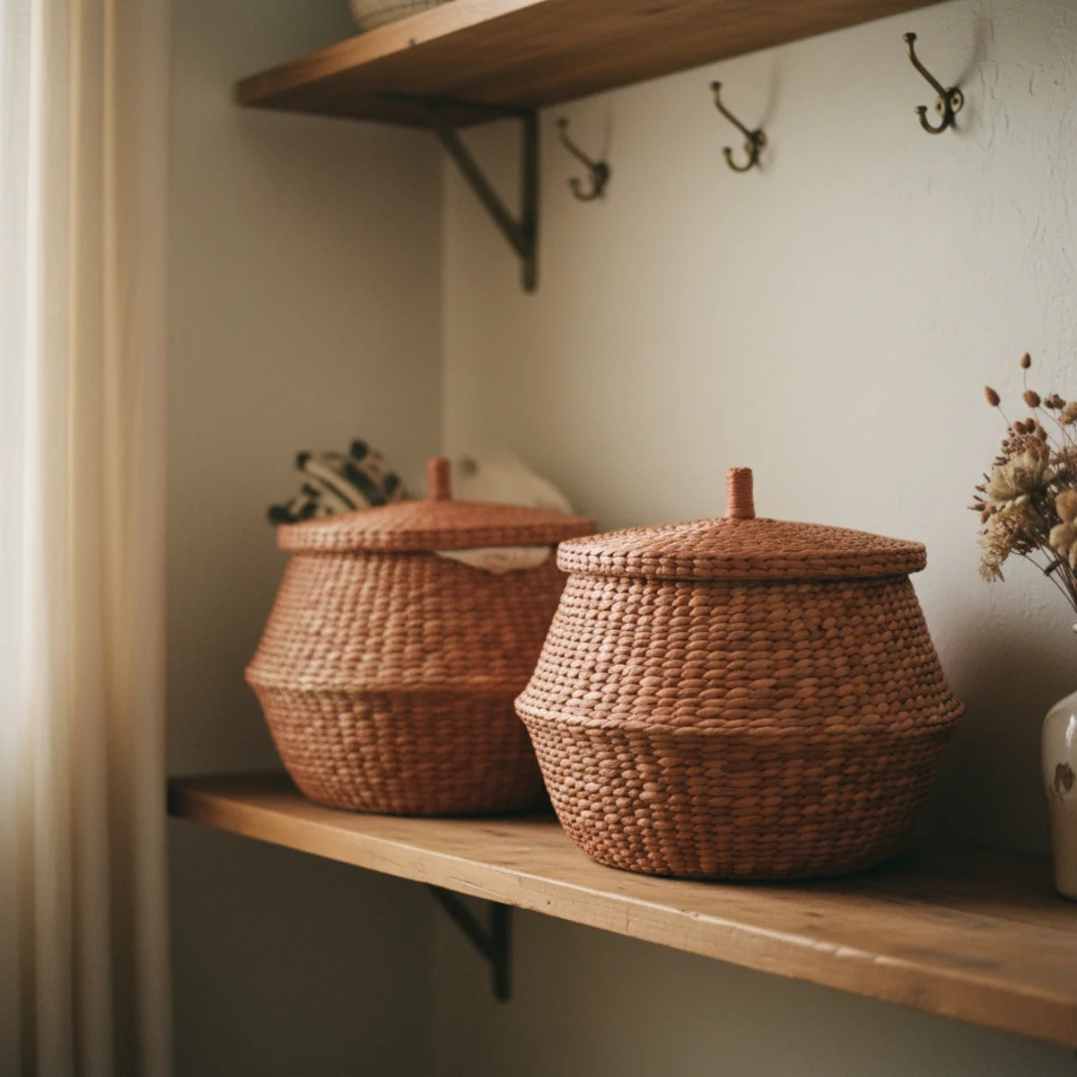 Mudroom ideas — four seagrass woven baskets positioned under bench and on shelves containing hats, gloves, scarves, and dog gear in a warm mudroom — Home Decor Aura
