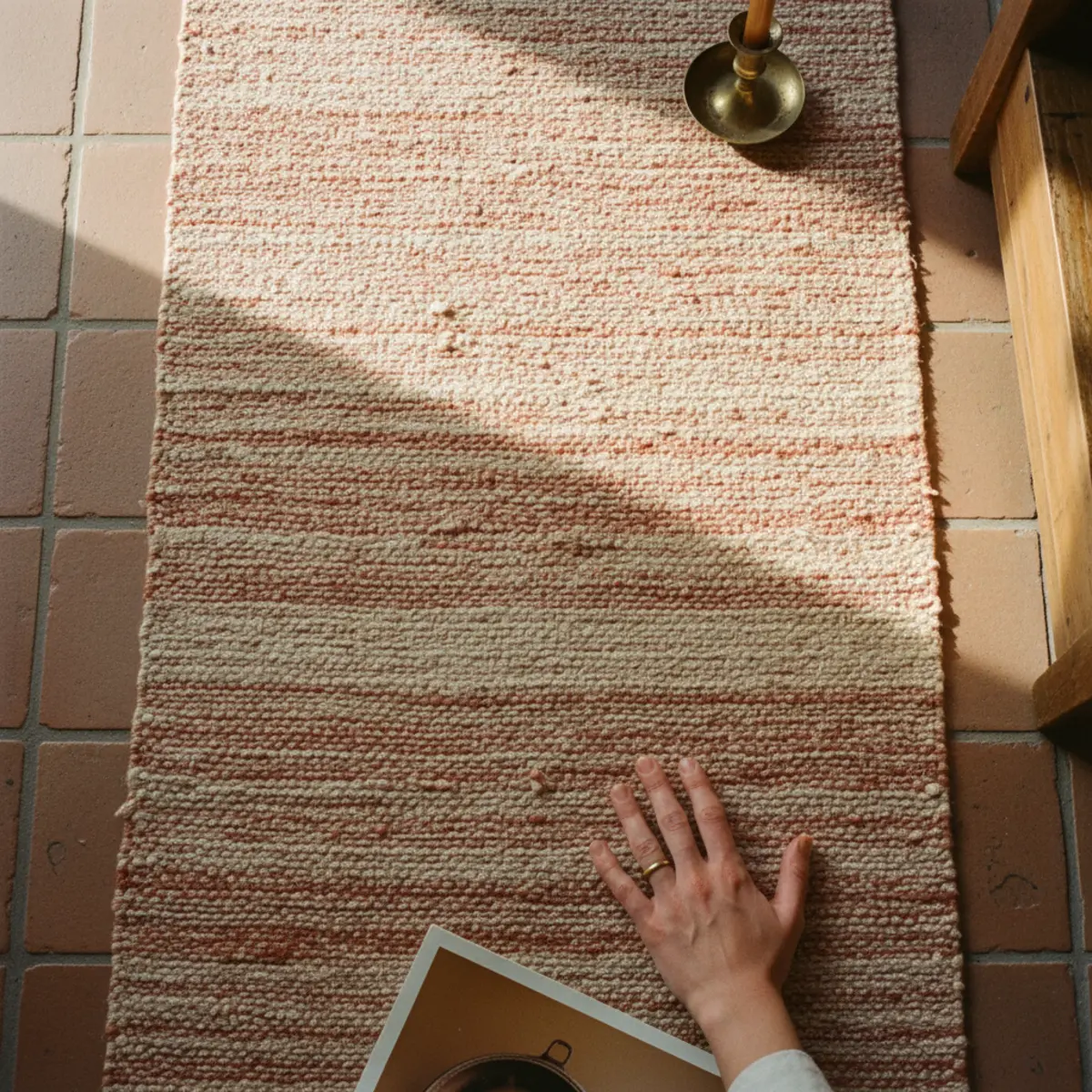 Mudroom ideas — durable wool flatweave runner in warm terracotta tones positioned from mudroom door past the bench in a warm hard-use entry — Home Decor Aura