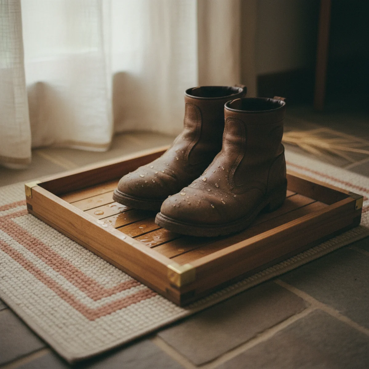 Mudroom ideas — galvanized metal boot tray with mesh insert positioned immediately inside mudroom door holding four pairs of wet boots in a warm hard-use entry — Home Decor Aura