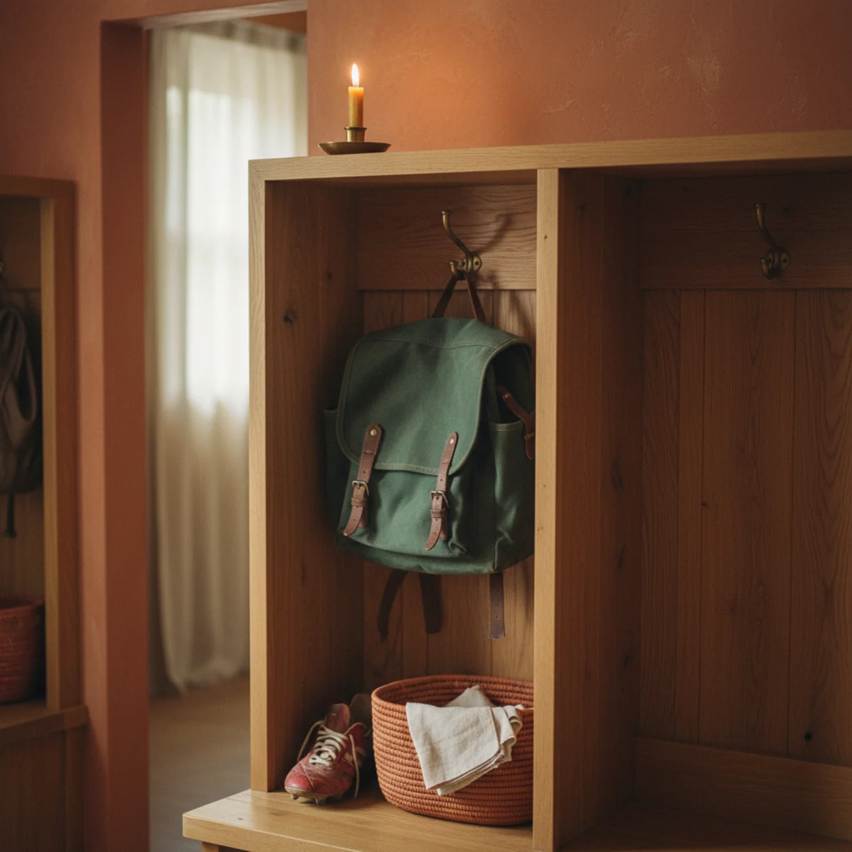 Mudroom ideas — built-in wooden cubbies with bench seats and hooks above for each family member in a warm mudroom — Home Decor Aura
