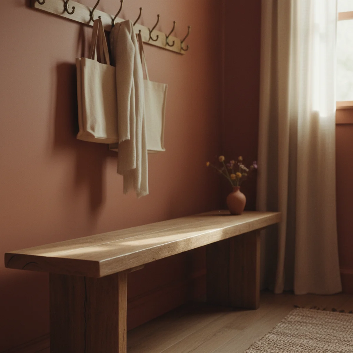 Mudroom ideas — mudroom with solid oak bench, Bancha olive accent wall, aged brass hooks, and woven seagrass baskets in a warm hard-use entry — Home Decor Aura