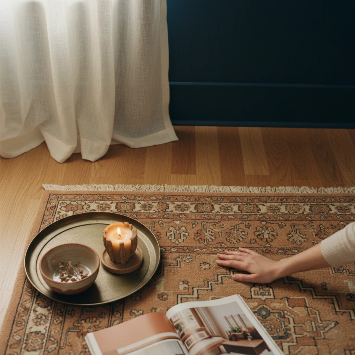 Navy decor warm — navy-walled room with warm honey oak floors and warm Persian rug showing how the warm floor and rug provide thermal compensation for navy's coolness — Home Decor Aura