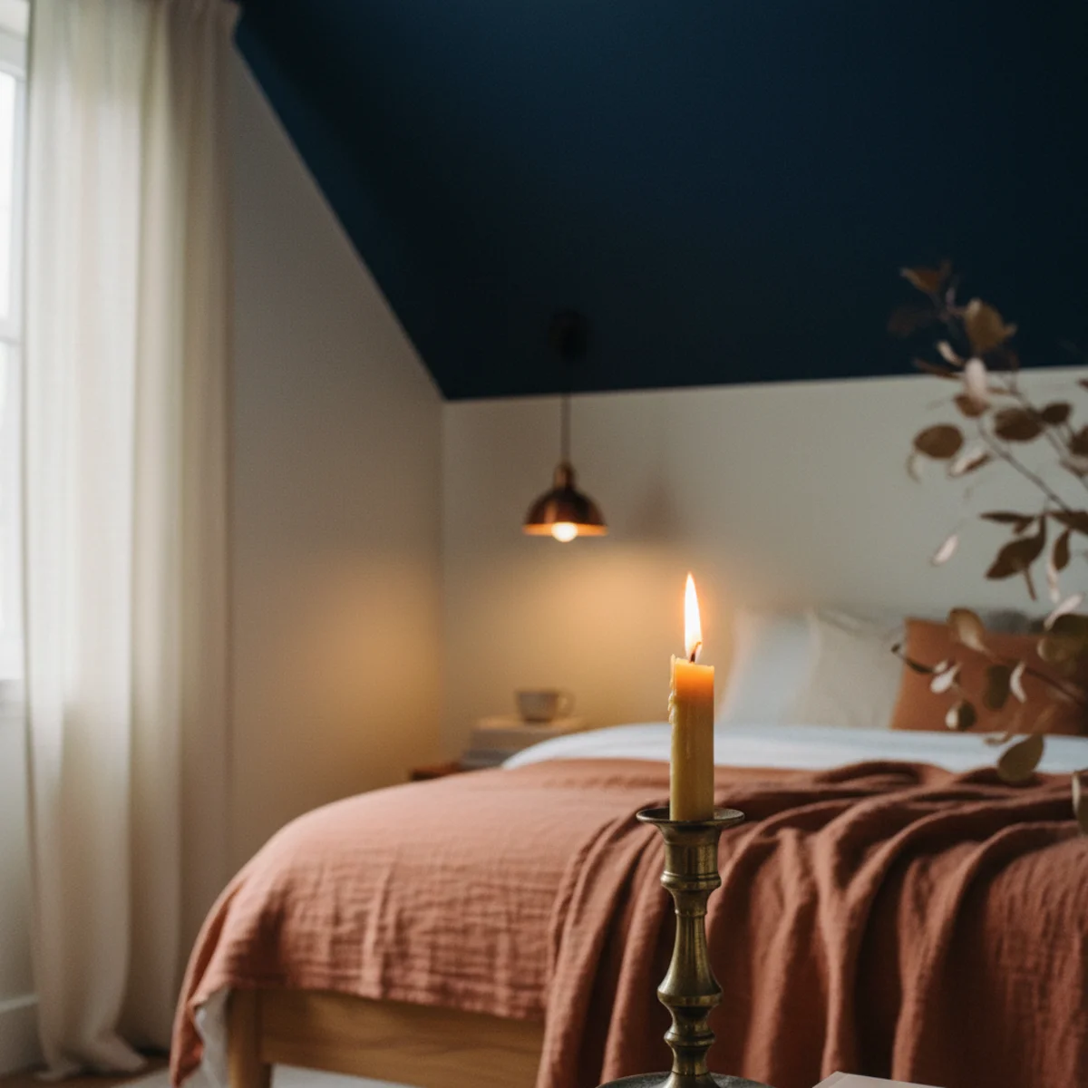 Navy decor warm — bedroom with navy-painted ceiling above cream walls showing the intimate cocoon effect of overhead navy with warm lamps providing downward-directed warm light — Home Decor Aura