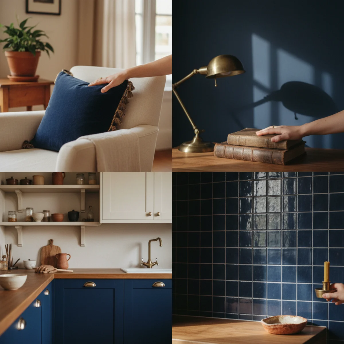 Navy decor warm — collage showing navy at varied scales across rooms: navy cushion in living room, navy walls in study, navy lower cabinets in kitchen, navy accent tile in bathroom — Home Decor Aura