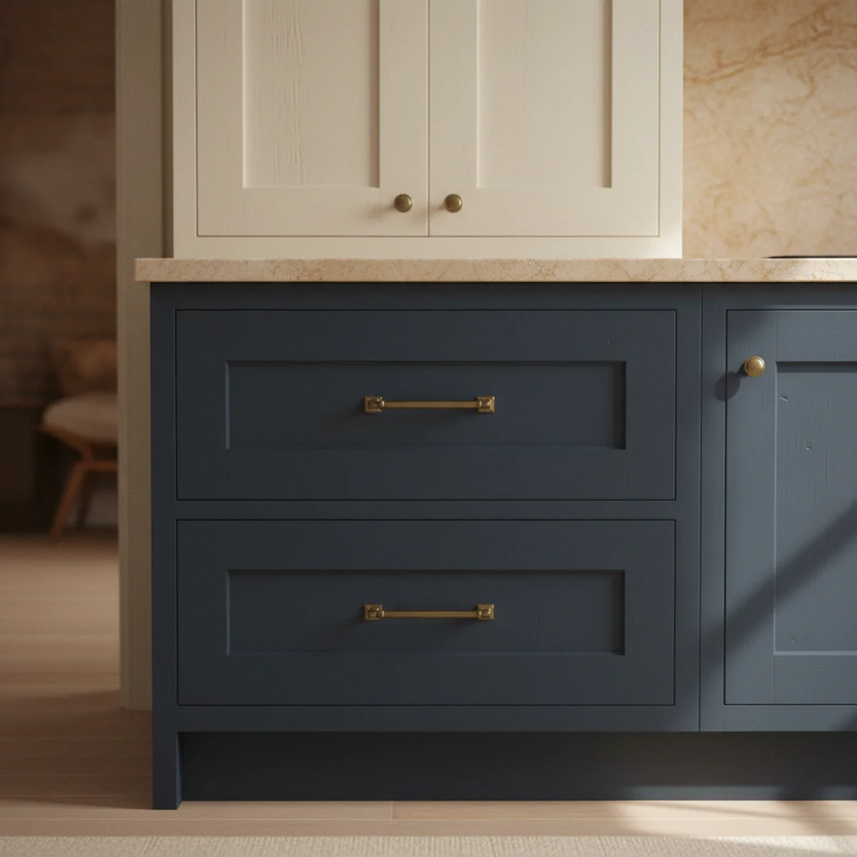 Navy decor warm — kitchen with navy-painted lower cabinets, unlacquered brass pulls, warm butcher block countertop, and cream upper cabinets showing the navy-and-brass kitchen combination — Home Decor Aura