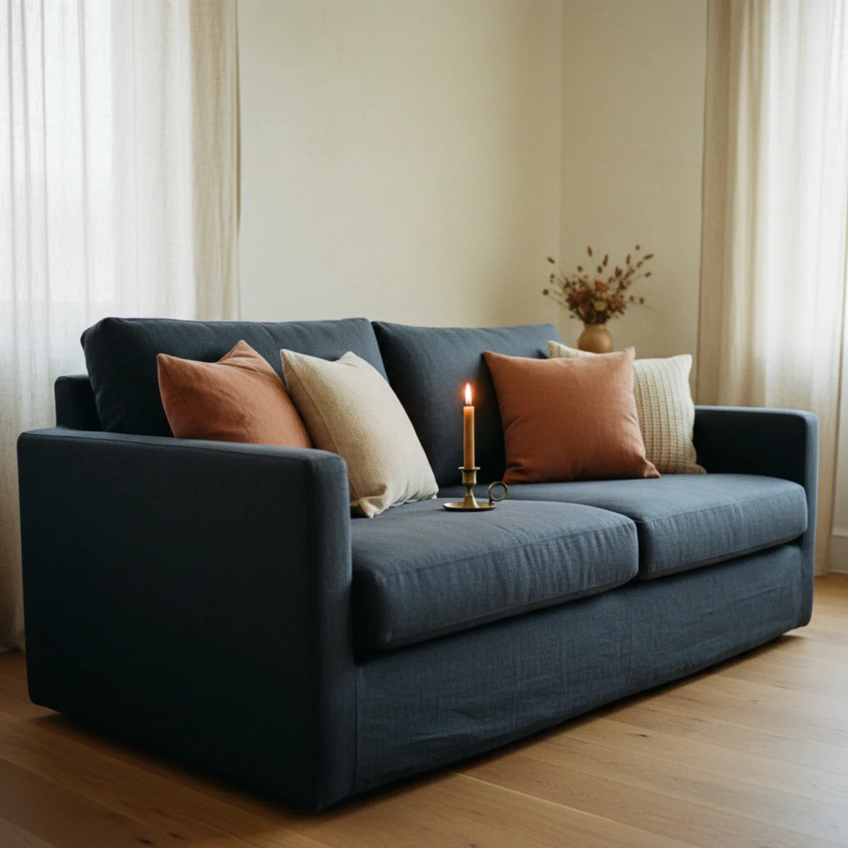 Navy decor warm — navy linen sofa against cream walls with terracotta and oat accent cushions and warm oak floors showing the navy sofa as deep neutral anchor — Home Decor Aura