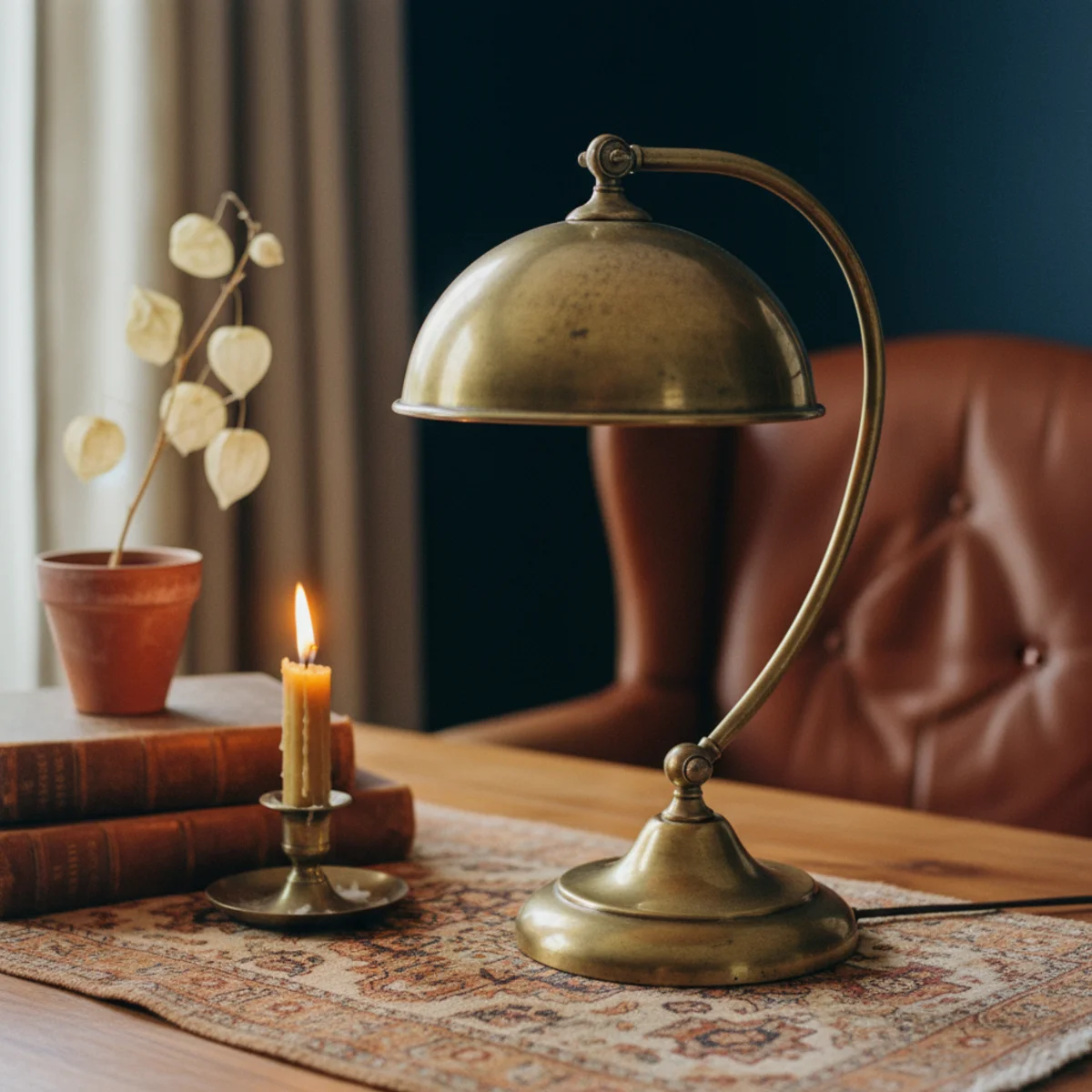 Navy decor warm — small study with all four walls in navy, floor-to-ceiling bookcases, warm walnut desk, aged brass reading lamp, and worn leather chair — Home Decor Aura