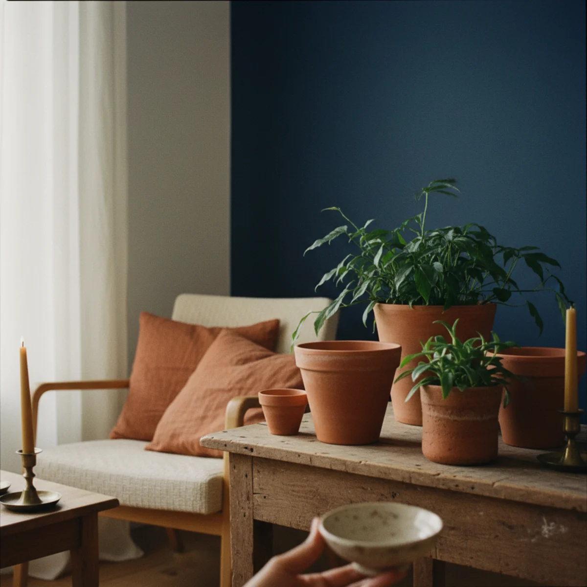 Navy decor warm — navy accent wall with terracotta plant pots, rust-toned cushions, and cream surrounding walls showing the navy-terracotta complement pairing — Home Decor Aura