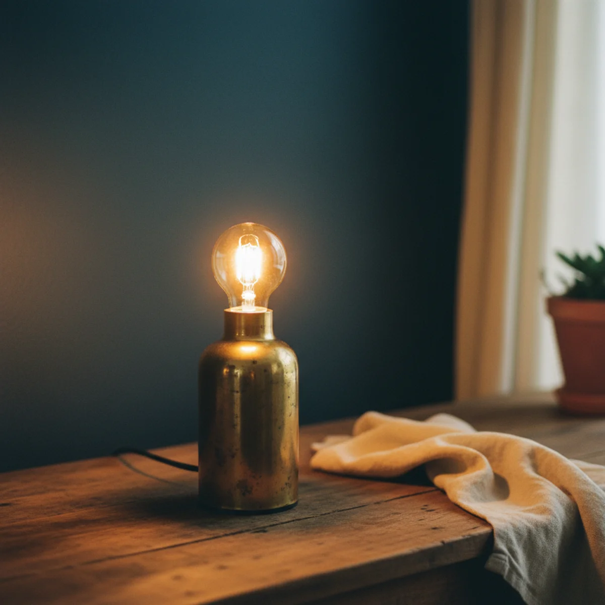 Navy decor warm — navy room with four aged brass table lamps glowing warm 2700K creating warm cave atmosphere against the deep navy walls — Home Decor Aura