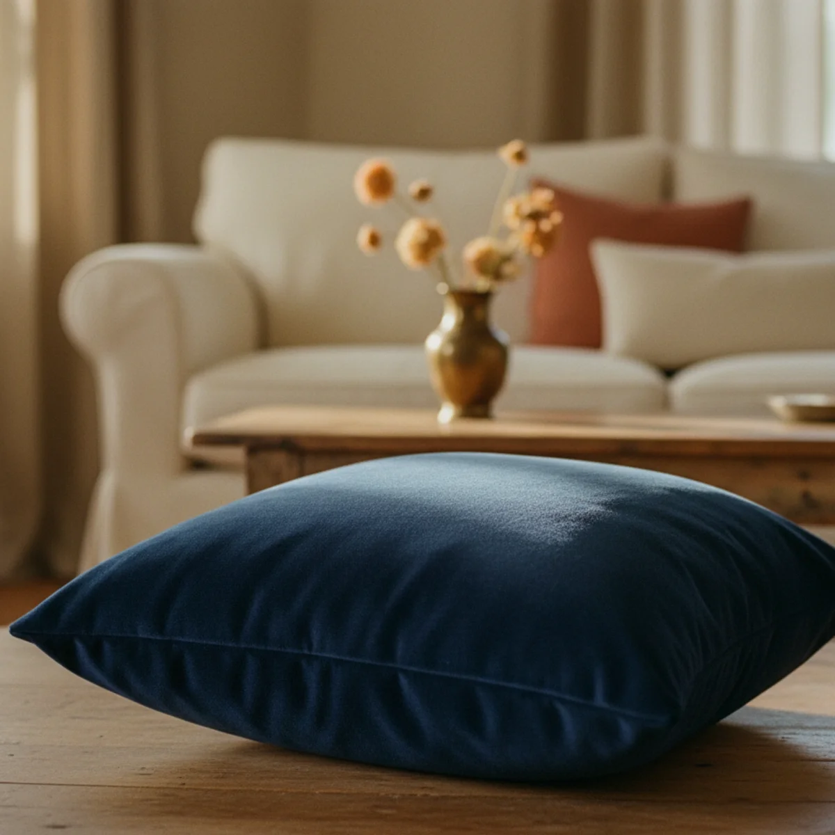 Navy decor warm — cream sofa with one navy velvet cushion and one terracotta cushion among cream linen cushions showing the textile-scale navy introduction — Home Decor Aura