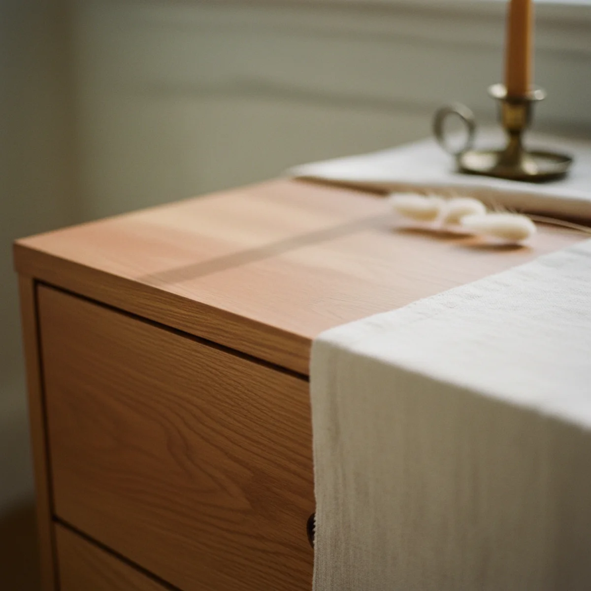 Painted dresser makeover — comparison of eggshell and satin finish sheen on painted drawer fronts showing the warmth difference in lamp light — Home Decor Aura