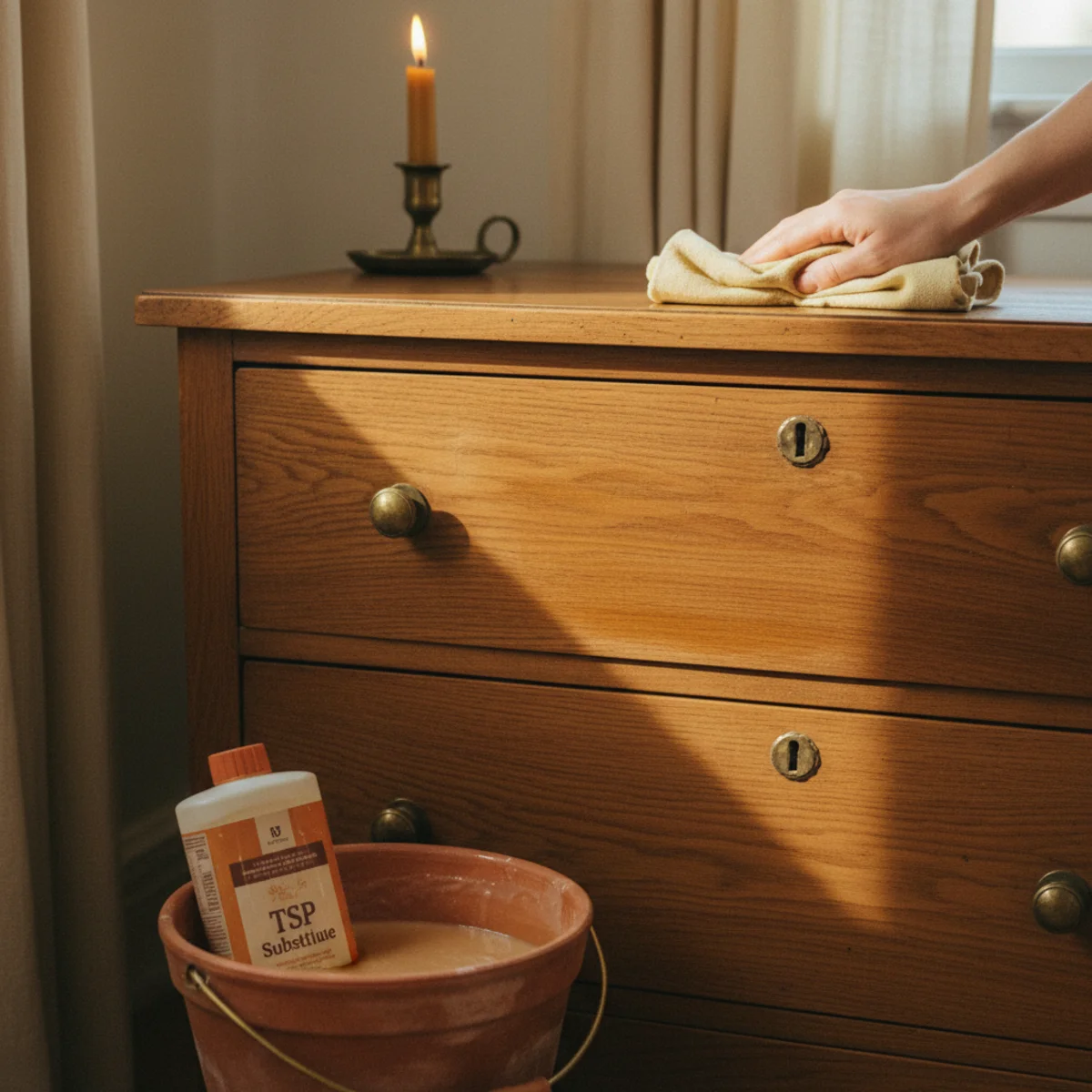 Painted dresser makeover — TSP substitute being applied with sponge to vintage dresser drawer front before painting showing the critical cleaning preparation step — Home Decor Aura