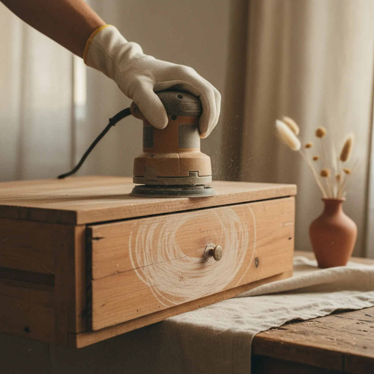 Painted dresser makeover — random orbital sander scuff sanding a dresser drawer front to create primer adhesion texture showing the scuff sanding preparation step — Home Decor Aura