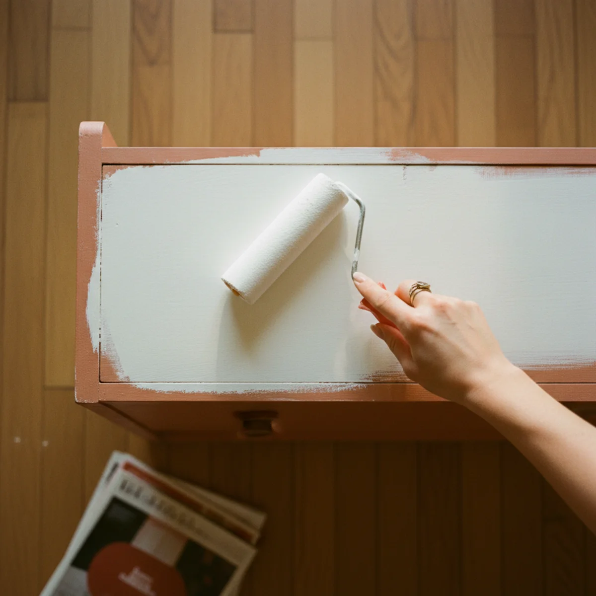 Painted dresser makeover — foam roller applying bonding primer coat to dresser drawer front showing the primer application step before topcoat — Home Decor Aura