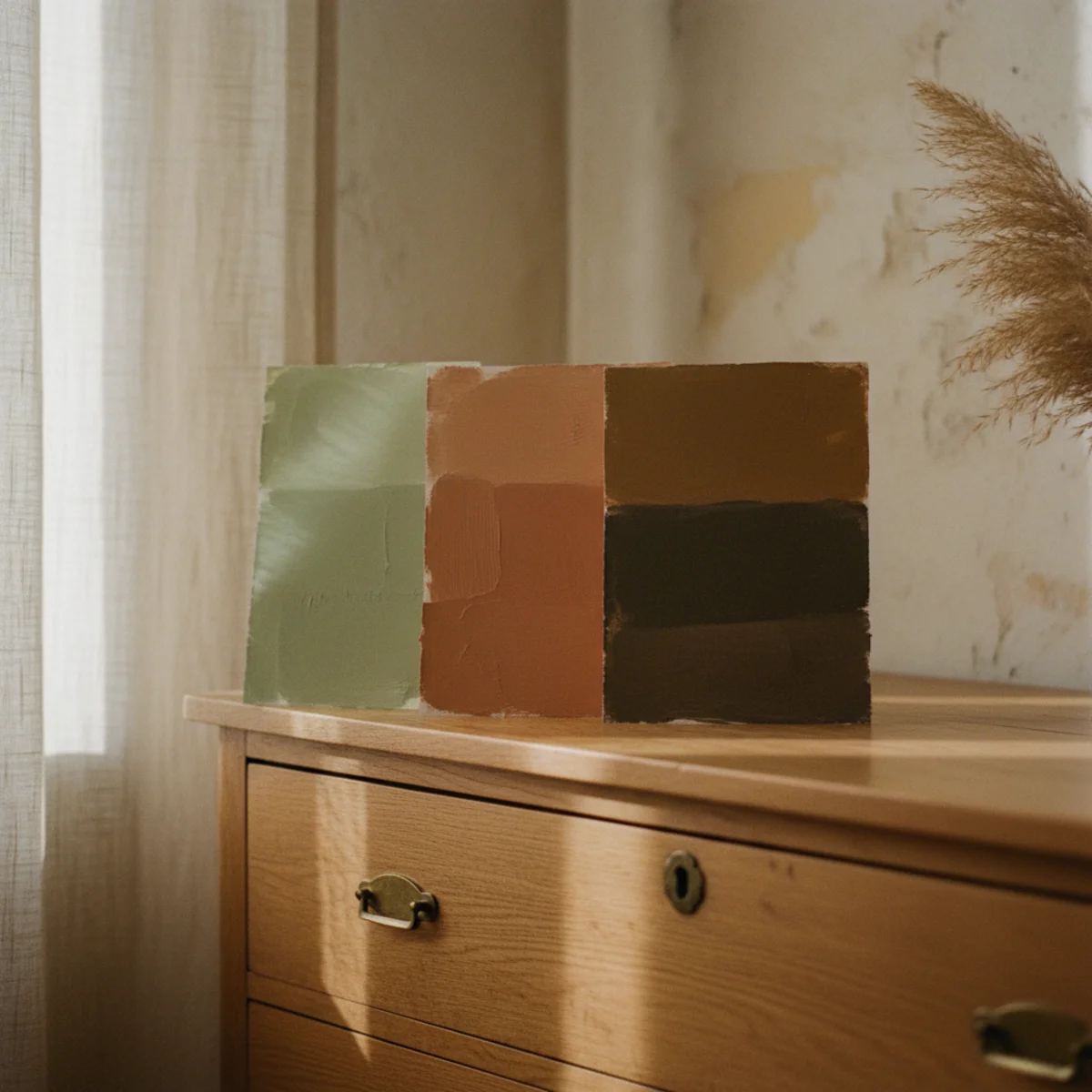 Painted dresser makeover — paint swatches of sage green, deep terracotta, and warm charcoal held against a warm bedroom wall showing the color selection process — Home Decor Aura