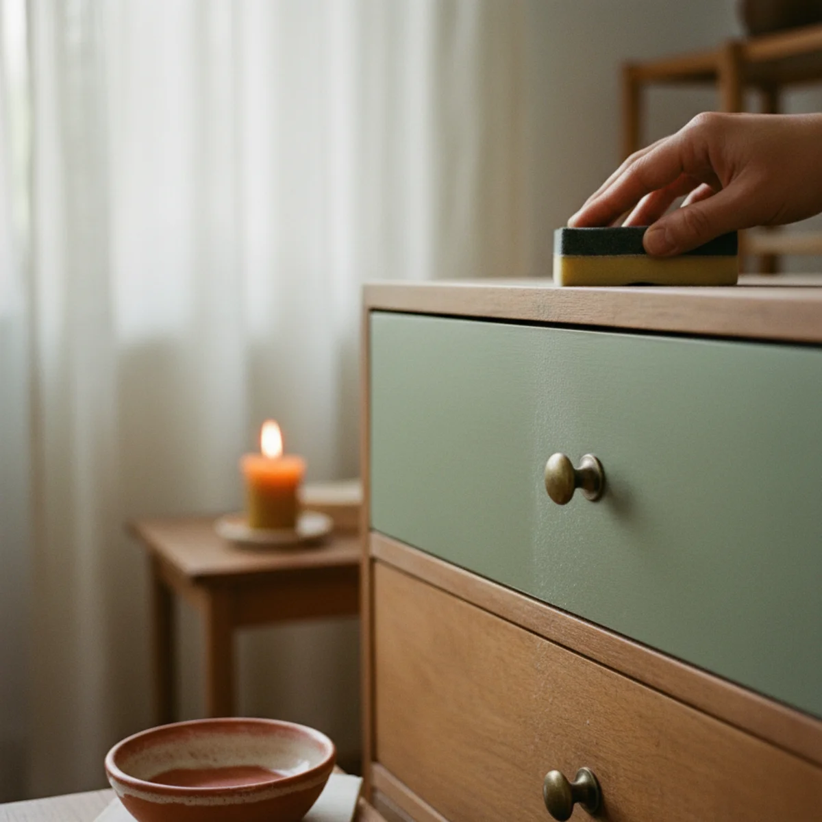 Painted dresser makeover — fine sanding sponge being used on a dried topcoat of painted dresser drawer front between coats showing the inter-coat sanding step — Home Decor Aura