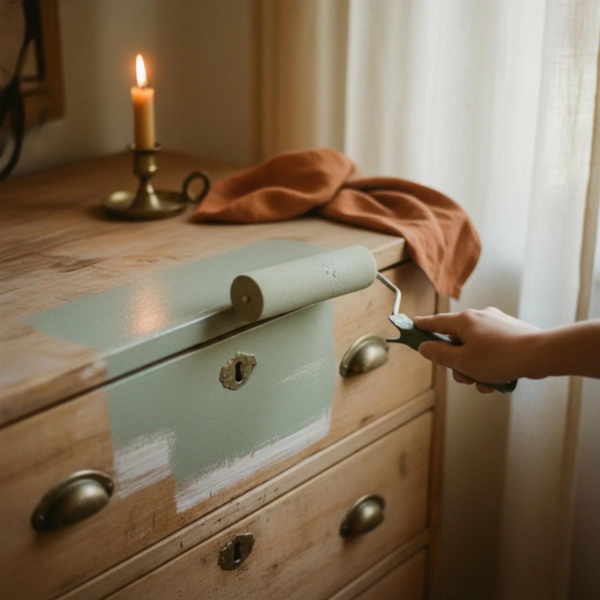 Painted dresser makeover — drawer face with first thin topcoat showing slight transparency over primer illustrating the correct thin coat application — Home Decor Aura
