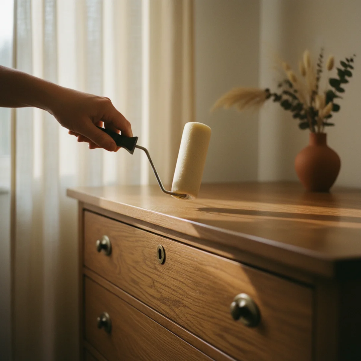 Painted dresser makeover — foam roller applying Minwax Polycrylic sealer to the top surface of a painted dresser for durability — Home Decor Aura