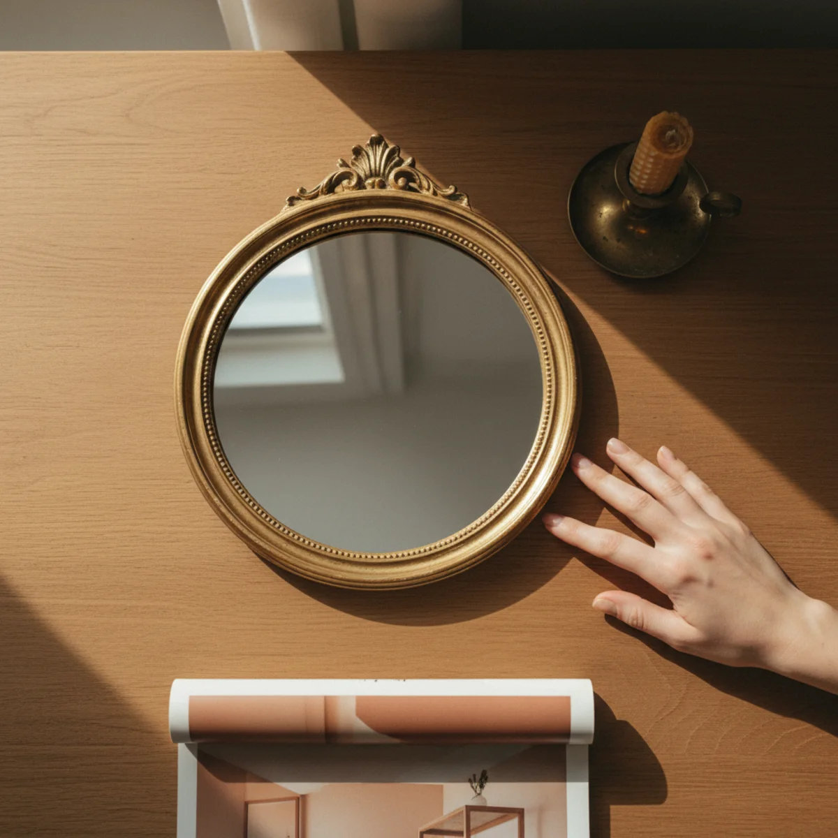 Powder room decor — vintage gilded round mirror leaned above a warm powder room vanity with brass sconces flanking showing the warm-collected focal element — Home Decor Aura