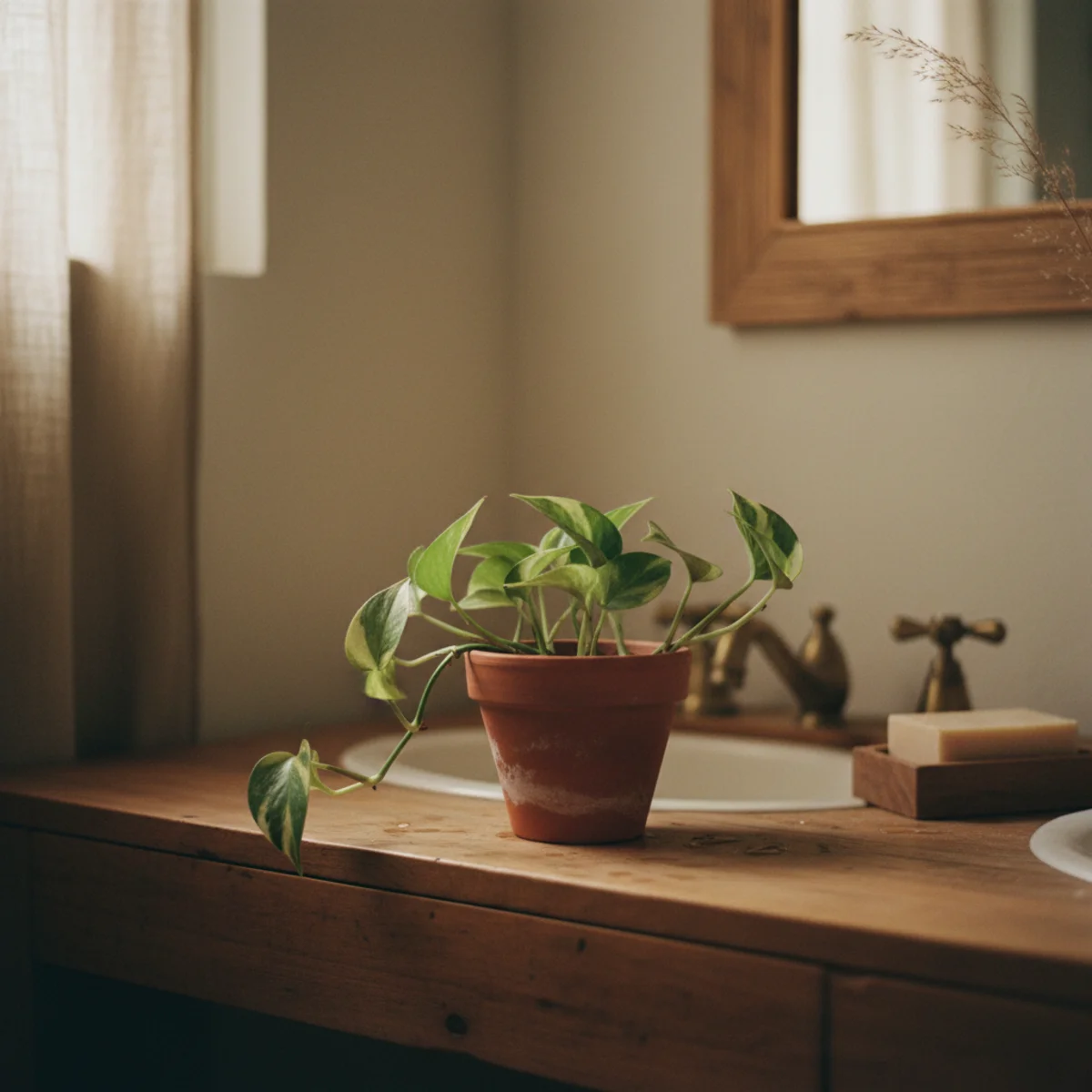 Powder room decor — small pothos in terracotta pot on powder room vanity counter adding organic life to the otherwise all-hard-surface room — Home Decor Aura