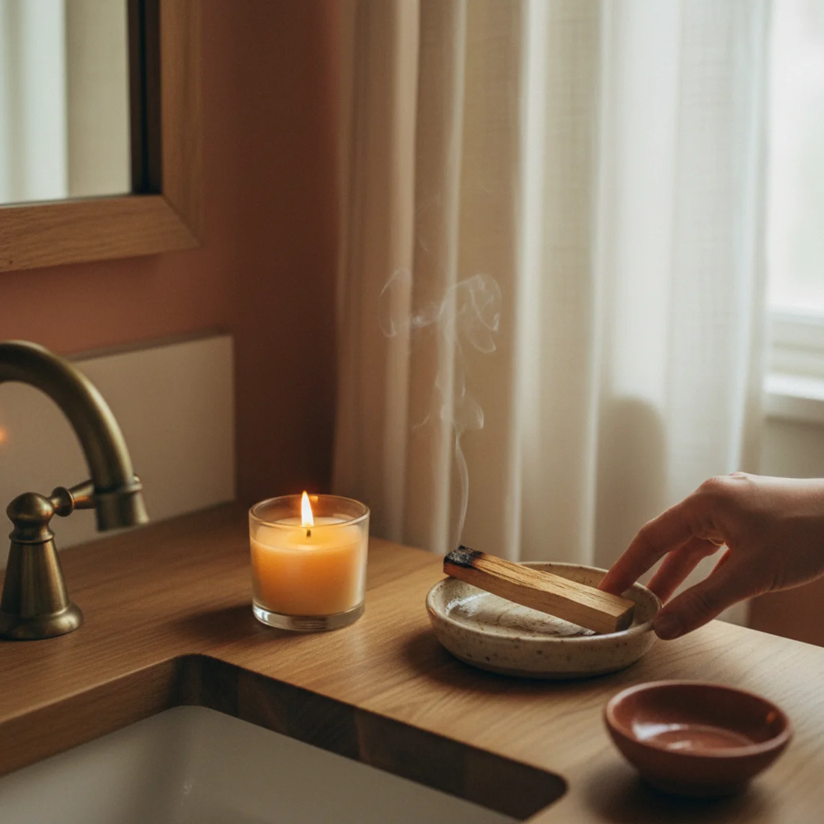 Powder room decor — small beeswax candle glowing on powder room vanity beside a palo santo stick in ceramic holder showing the thoughtful warm scent approach — Home Decor Aura