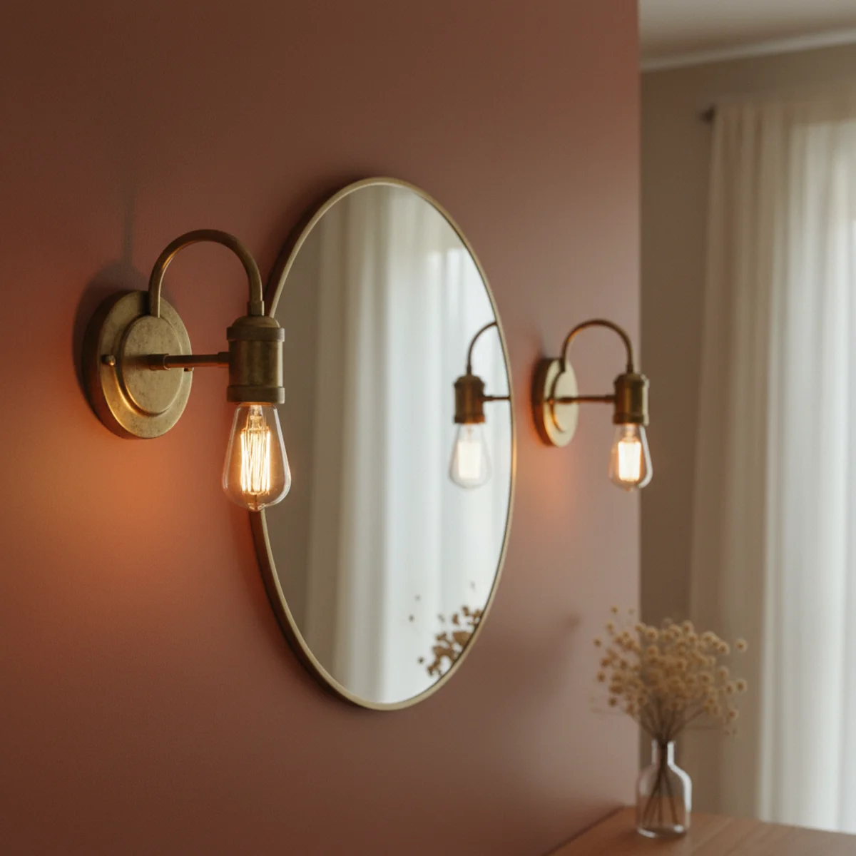 Powder room decor — two aged brass sconces flanking a mirror at eye level in a deep-painted powder room showing the warm golden light that transforms the room's atmosphere — Home Decor Aura
