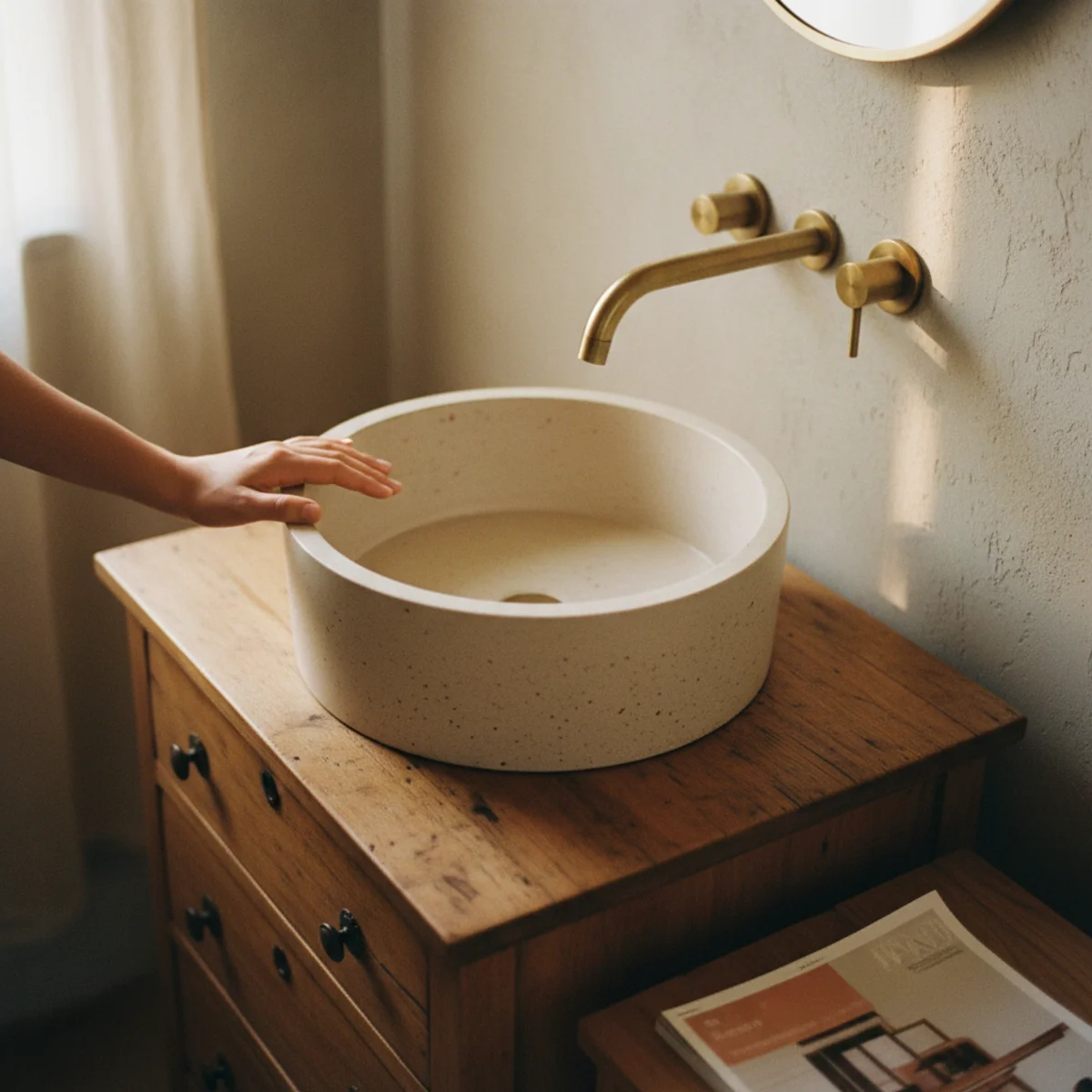 Powder room decor — concrete vessel sink on a vintage dresser converted to vanity in a deep-painted powder room showing the statement sink as primary architectural character element — Home Decor Aura